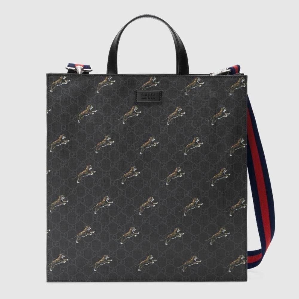 Gucci Tote Bag Shoulder Black Gray Silver Tiger Print Stripe Canvas Leather - Picture 1 of 7